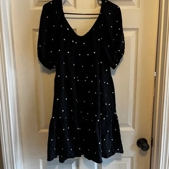 LOFT Black Polka Dot Tiered Puff Sleeve Square Neck Mini Dress Womens Medium - Picture 2 of 12